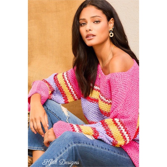 🌸LAST 2! Fuchsia Stripe Color Block Oversize Sweater - Picture 3 of 10